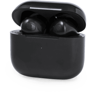 Black Dodiax earphones inside their charging case, featuring a smooth exterior and a subtle branding logo.