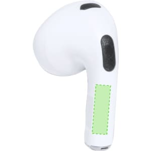 A white earphone with a black accent and a branding area highlighted in green.