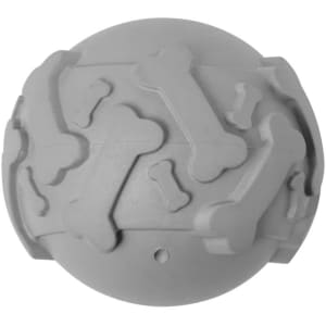 A grey rubber ball featuring a bone pattern, designed as a pet accessory. It has a logo on its surface.