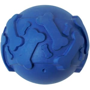 A blue rubber ball featuring raised bone shapes, designed as a pet toy. It has a logo on its surface.