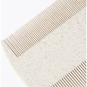 A pet brush in a cream colour, featuring widely and closely spaced bristles, with a branding logo.
