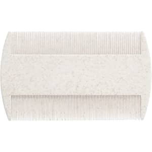 A pet grooming brush in a light beige colour with fine and coarse bristles, featuring a design for easy handling.