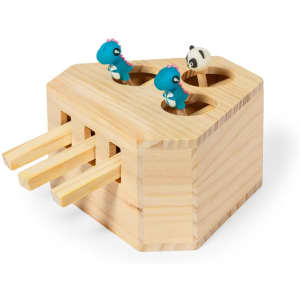 A wooden game box featuring colourful dinosaur and panda figures, with three slots for play.