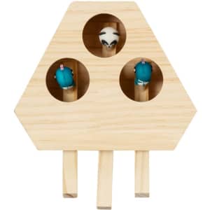 A wooden game board in a hexagonal shape featuring three holes, with colourful animal figures visible inside.
