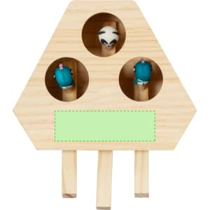 A wooden triangular game board featuring three holes with colourful animal figures and three wooden pegs at the bottom.
