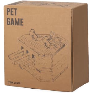 A cardboard box featuring a design of a pet game with three figures on top, in a natural brown colour.