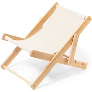 A light wooden pet chair with a cream fabric seat, featuring a folding design for easy storage.