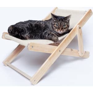 A wooden pet chair with a beige fabric seat, featuring a relaxed cat lounging comfortably on it.