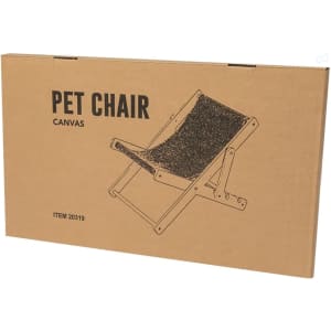 A boxed pet chair with a canvas seat and wooden frame, featuring a simple and minimalist design.