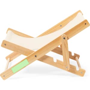A lightweight pet chair with a wooden frame and a cream canvas seat, featuring a small green label.