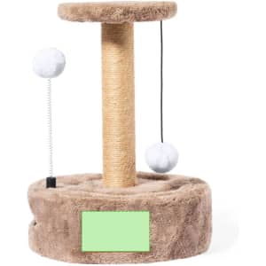 A cat tree in beige, featuring a plush base, scratching post, and dangling toys. It has a small logo on the side.