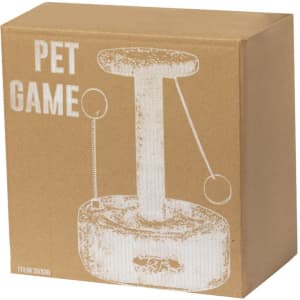 A brown cardboard box containing a pet game, featuring a design of a toy with a ball and a stick.