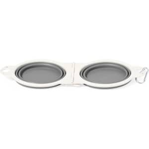 A foldable bowl in grey, featuring two compartments and a metal clip, suitable for pet accessories.