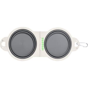 A foldable pet bowl in grey, featuring a logo, designed for convenience and portability.
