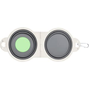 A foldable pet bowl in grey and green, featuring a portable design with a clip and a logo.