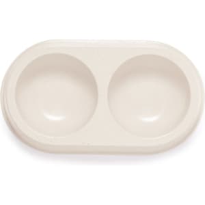 A beige double pet bowl with two separated compartments, featuring a smooth finish and a subtle speckled design.