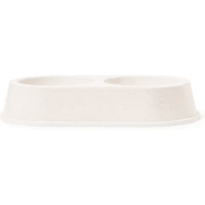 A double pet bowl in a neutral off-white colour, featuring a smooth, rounded design and a branding logo.