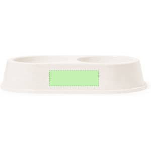 A cream-coloured pet bowl with two compartments, featuring a branding logo on the side.