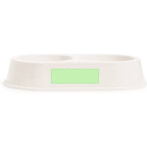 A dual pet bowl in a light beige colour with a textured surface, featuring a logo on one side.