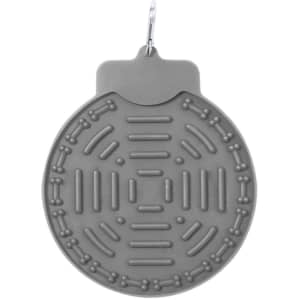 A grey Pudle Feeding Pillow featuring a textured, circular design with a hanging attachment.