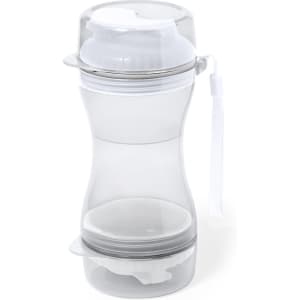 A clear, two-compartment drink bottle with a grey lid and a strap for easy carrying, featuring a logo.