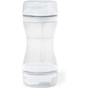 A clear drink bottle with a white cap and base, featuring a twist mechanism and a branded logo.