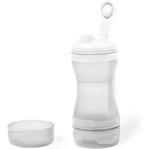 A transparent white drink bottle with a removable bowl and a lid attachment for convenience.