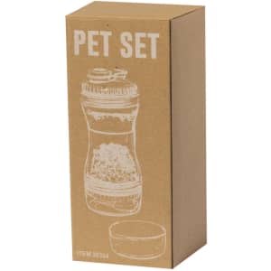A brown cardboard box containing a clear drink bottle and a bowl for pets. The bottle features a logo.