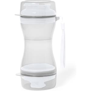 A clear, multi-compartment drink bottle with a grey lid and white accents, featuring a carry strap.