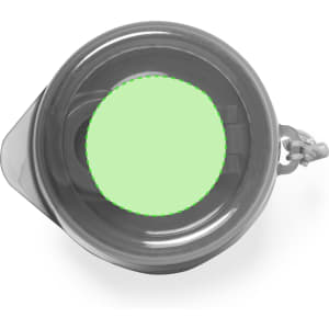A grey drink bottle with a spout and clip, featuring a green interior. Includes a logo on the side.