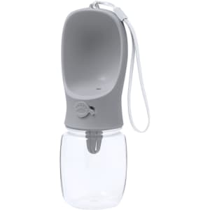 A drink bottle in grey, featuring a detachable bowl and a wrist strap. It has a logo on the side.