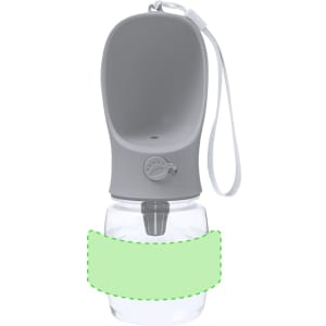 A drink bottle with a grey top and transparent base, featuring a logo and a wrist strap.
