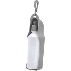 A drink bottle in a grey holder with a clip, featuring a white body and a screw-on lid.