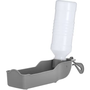A drink bottle with a white plastic container and grey base, designed for pets. Contains a clip for attachment.