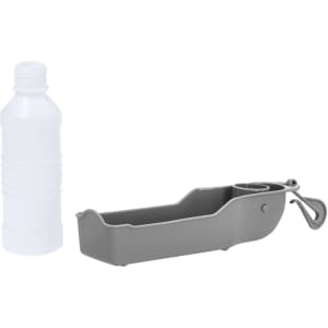 A drink bottle in white alongside a grey pet accessory holder with a clip.