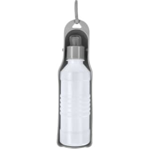A drink bottle in grey and white, featuring a holder and spout, suitable for pet accessories.
