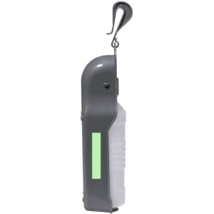 A drink bottle in grey with a clear body, featuring a hook for easy attachment. It has a logo on its side.