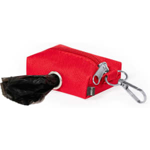 A red waste bag dispenser with a clip and a black waste bag partially pulled out. It features a zipper and a logo.