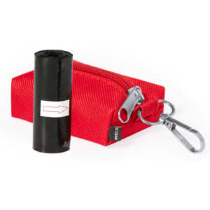 A red waste bag dispenser with a clip and a roll of black waste bags inside. It features a zip closure.