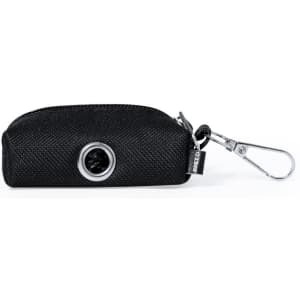 A black waste bag dispenser with a silver ring and a clip for attaching to items. Features a textured exterior.