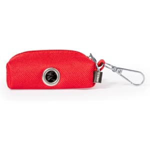 A red waste bag dispenser with a silver circular opening and a metal clip for attachment.