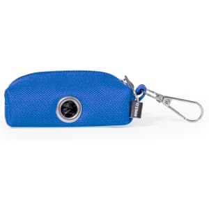 A blue waste bag dispenser with a clip attachment, featuring a circular opening and textured surface.