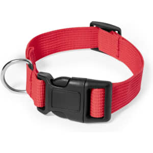 A red pet collar made of sturdy fabric, featuring a black buckle and a metal D-ring for attachment.