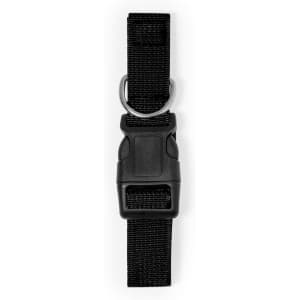 A black pet collar featuring a sturdy buckle and a metal D-ring for attachment. It has a simple design.