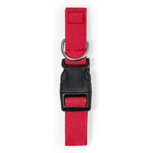 A red pet collar made of sturdy material featuring a black buckle and metal D-ring for leash attachment.