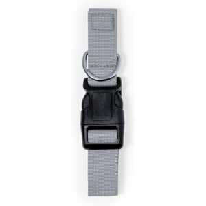A grey pet collar featuring a sturdy plastic buckle and a metal D-ring for leash attachment. It has a simple design.