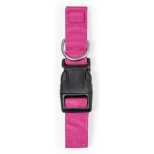 A pink pet collar made of durable fabric featuring a black buckle and metal D-ring.
