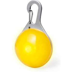 A yellow security light with a metallic hook for attachment. It has a smooth, round design.