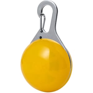 A yellow security light with a chrome clip, designed for pet accessories. It features a round, compact shape.