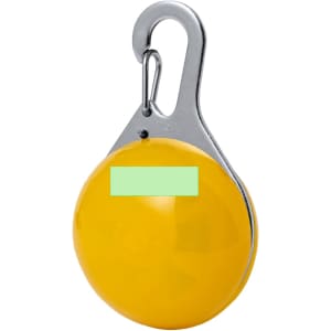 A yellow security light with a metal hook for attachment, featuring a branding logo on the front.